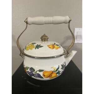 Tabletops Unlimited Enamel Vine Fruit Enamel Teapot Kettle Made in Thailand